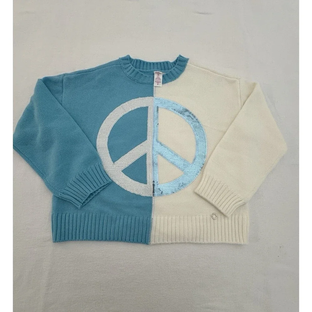 Justice Girls Knit Sweater Pullover M (10) Blue White Colorblock Peace Sequin